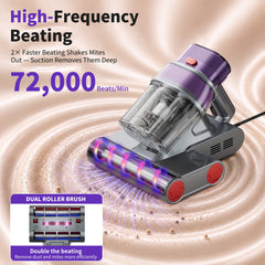 Prettycare Mattress Vacuum Bed Vacuum Cleaner with UV-C Light, Hyper Helix Motor with 16Kpa Strong Suction & 33000 RPM/Min Tapping, HEPA Filter,149℉ Heat & Ultrasonic & Anion for Bed and Pet