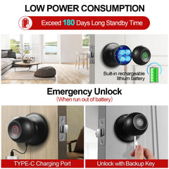 Transmart Smart Door Lock, Fingerprint Lock Knob with App Control, IP65 Weatherproof, 3 in 1 Smart Lock with Fingerprint&key&WiFi for Home, Office, Hotels(Black)